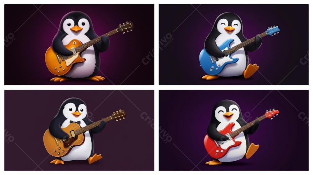 Uma Ilustração Digital Do Pinguim Usando Uma Guitarra.