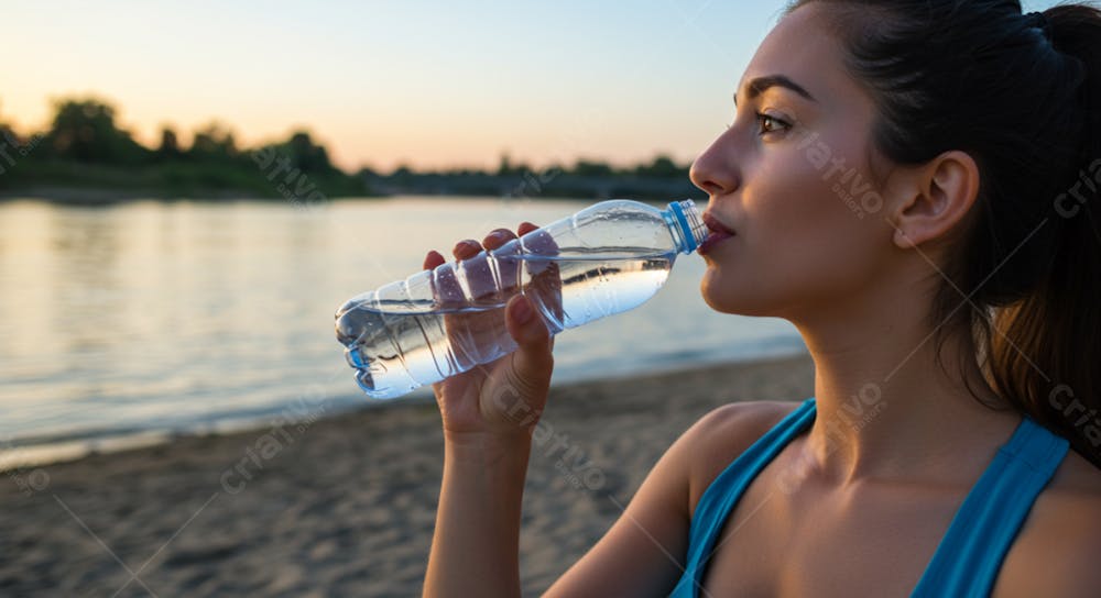 Mulher Tomando Água Em Uma Garrafa Plástica.