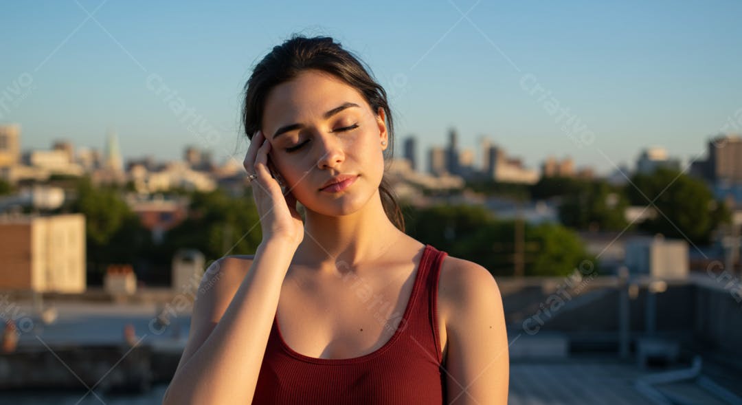 Mulher meditando em terraço com vista urbana
