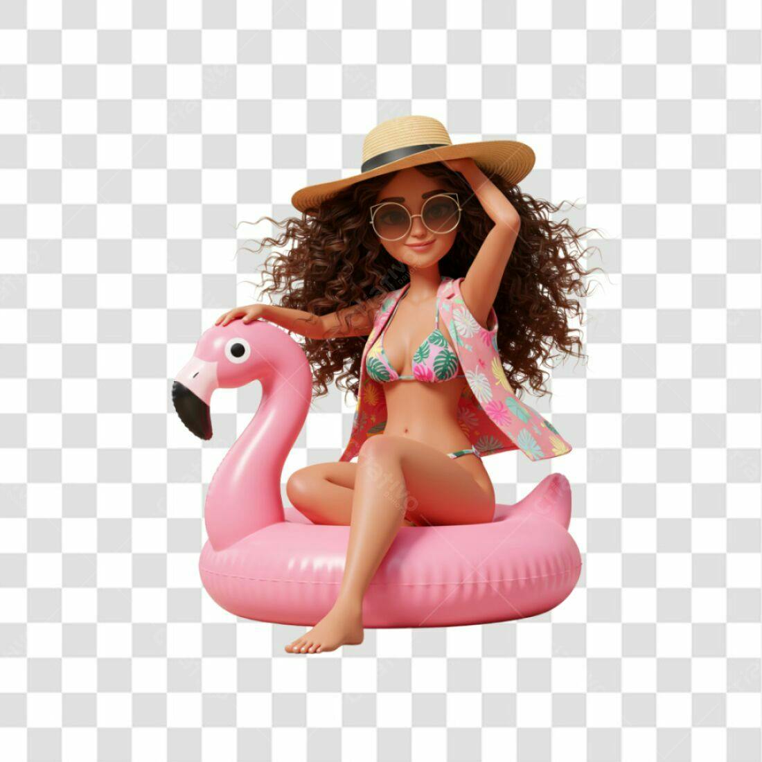 Banner Verão com mulher em flamingo PNG com fundo transparente
