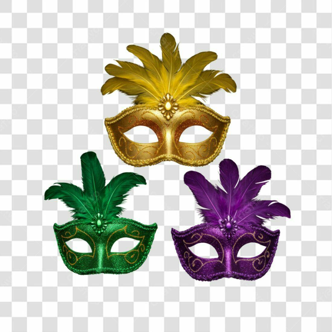Banner Carnaval Máscaras Dourada Verde Roxa PNG com fundo transparente