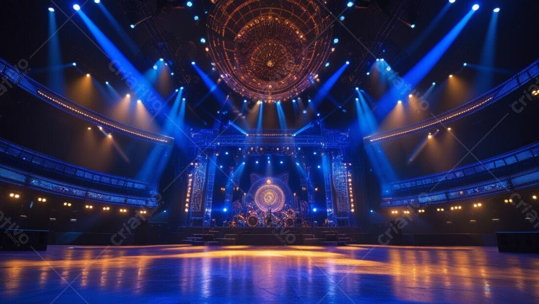 Palco de show com iluminação azul e dourada