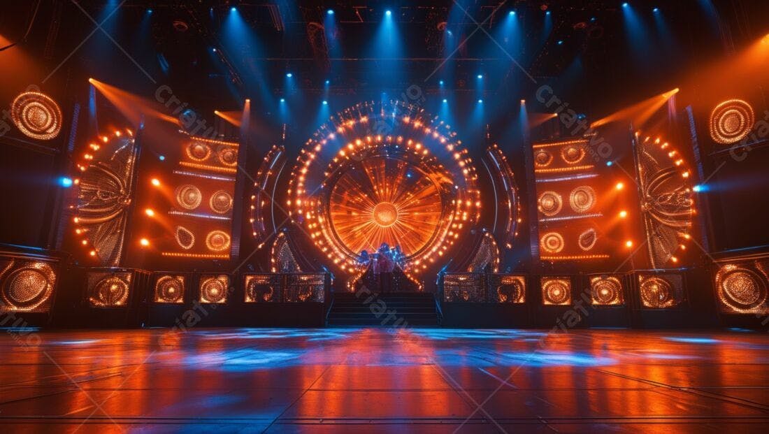 Palco iluminado com luzes laranja e azuis