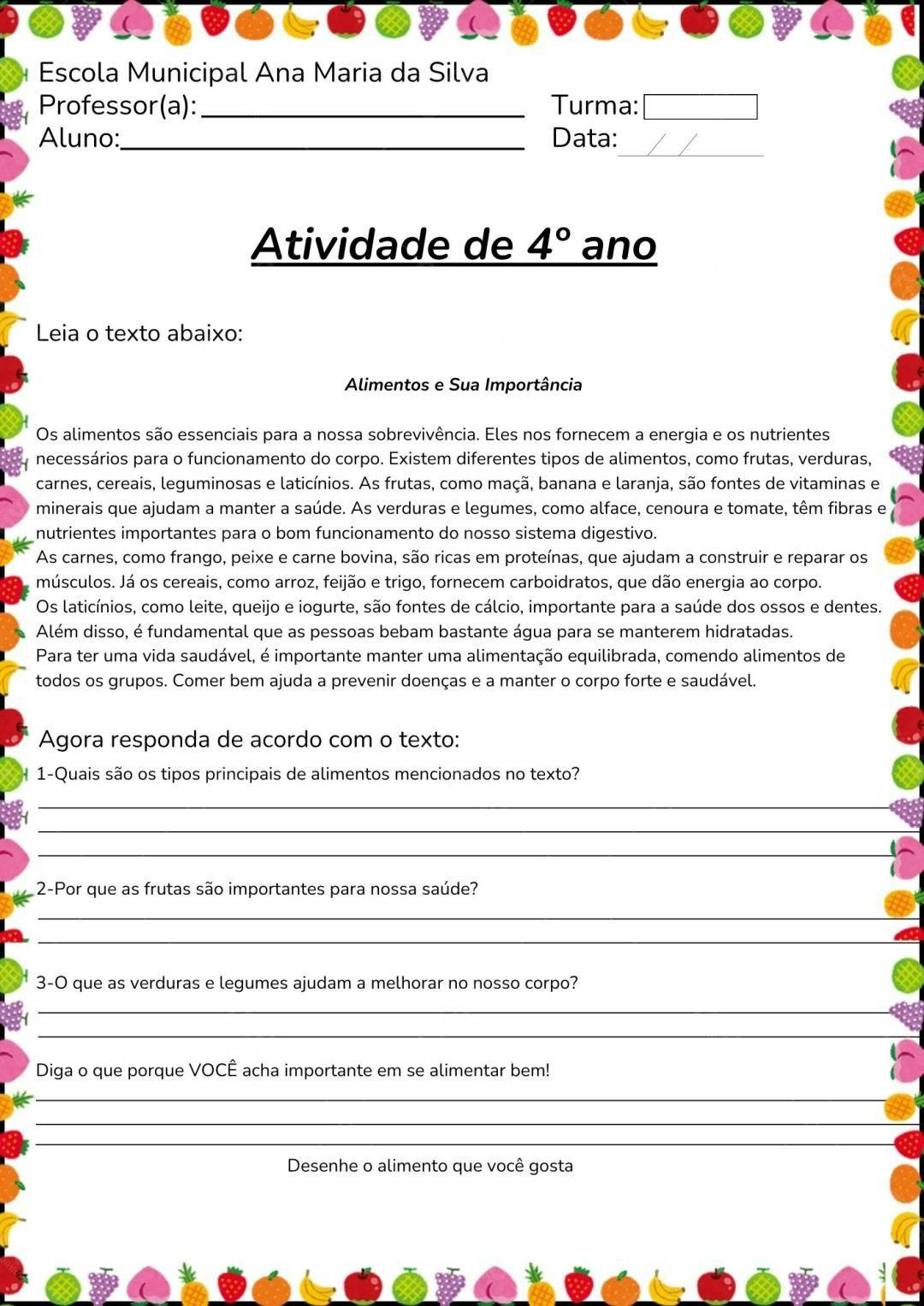 Atividade de 4º ano sobre Alimentação Saudável Editável no Canva