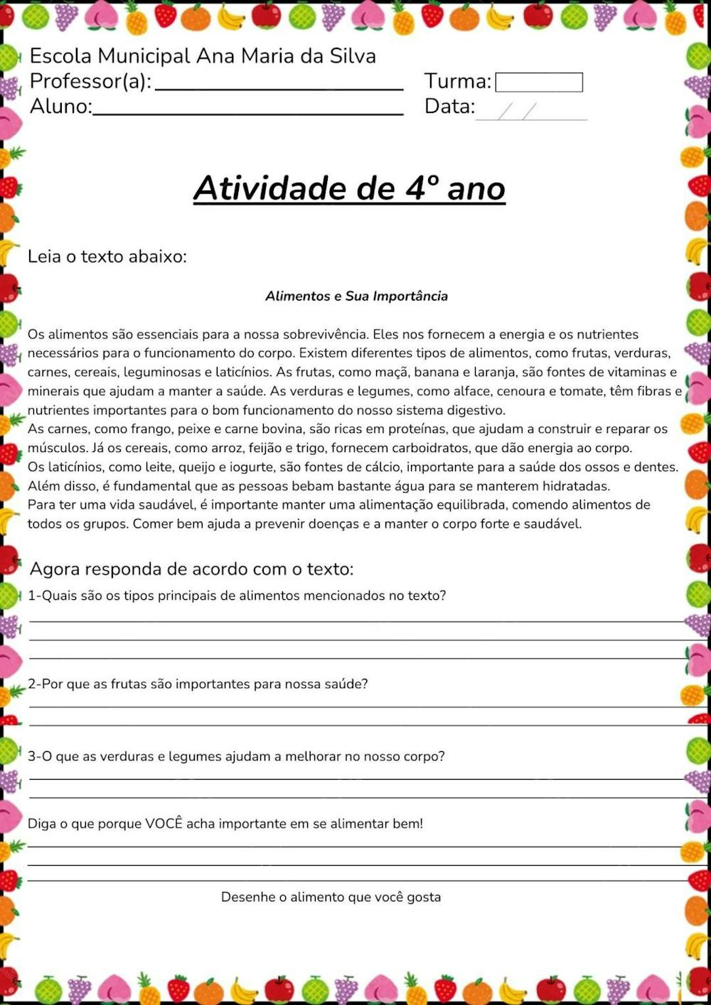 Atividade De Ciências Para 4º Alimentos 