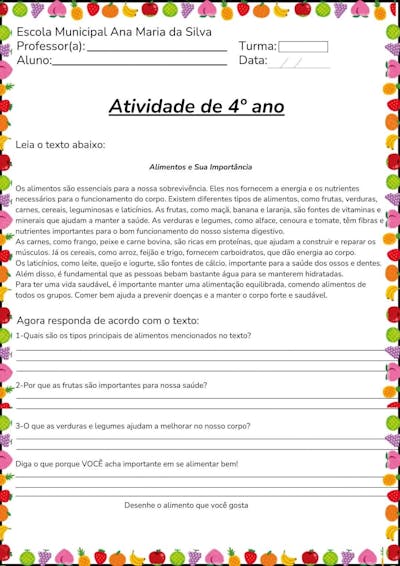 Atividade De Ciências Para 4º Alimentos 