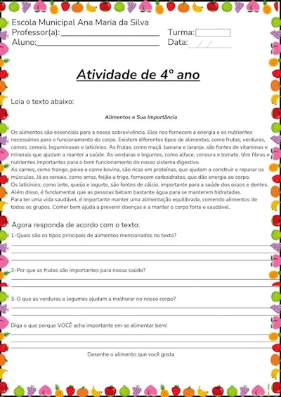 Atividade de 4º ano sobre Alimentação Saudável Editável no Canva