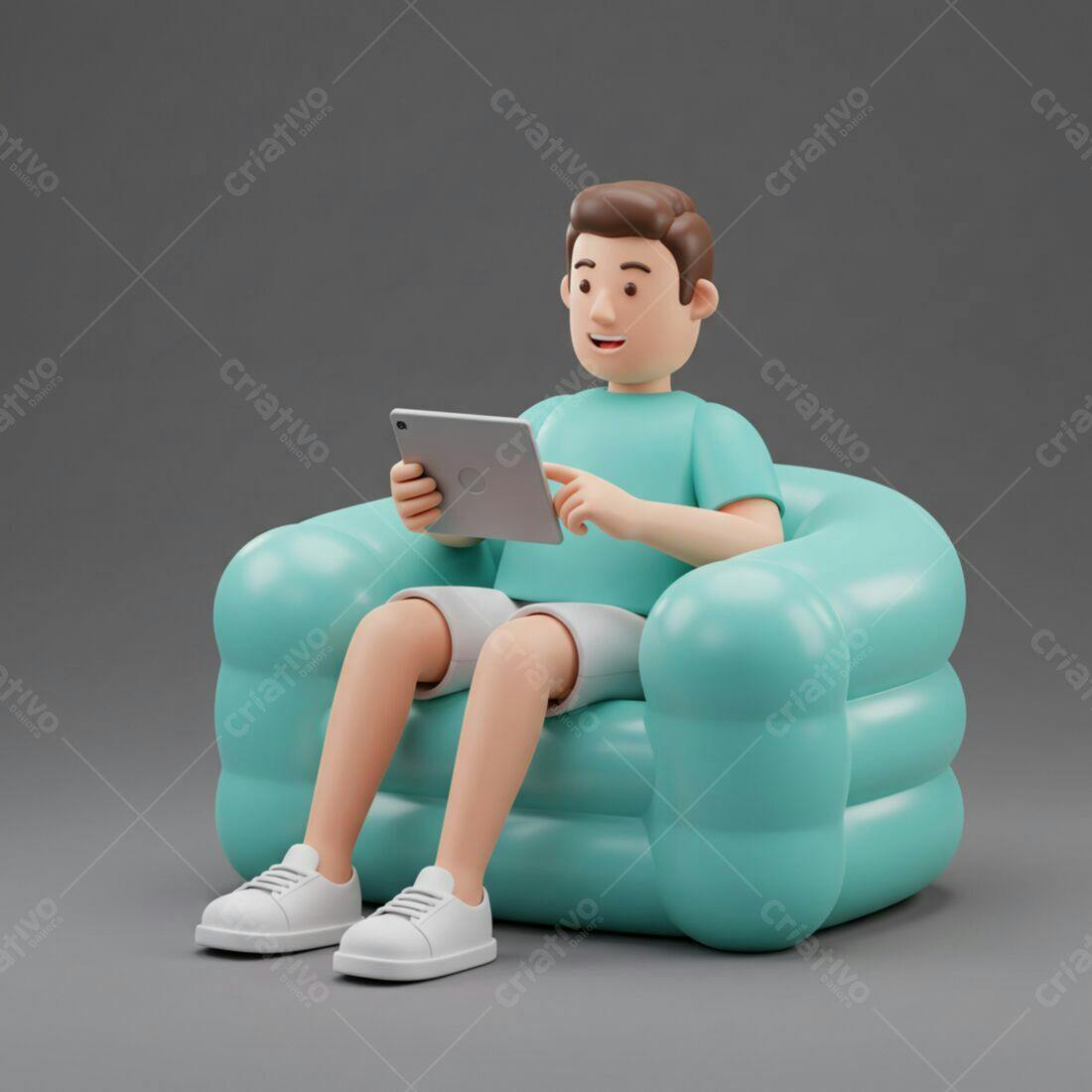 Homem usando tablet em poltrona azul
