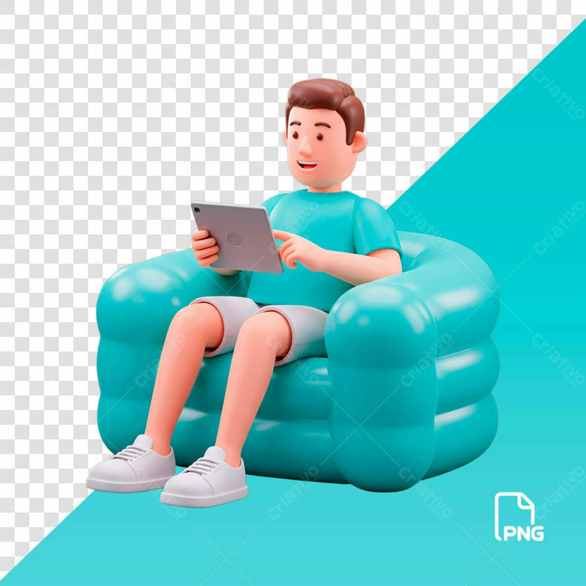 PSD Ilustração 3D Homem em Poltrona Usando Tablet PSD Editável