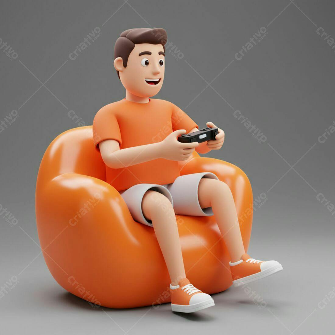 Homem jogando videogame em poltrona laranja