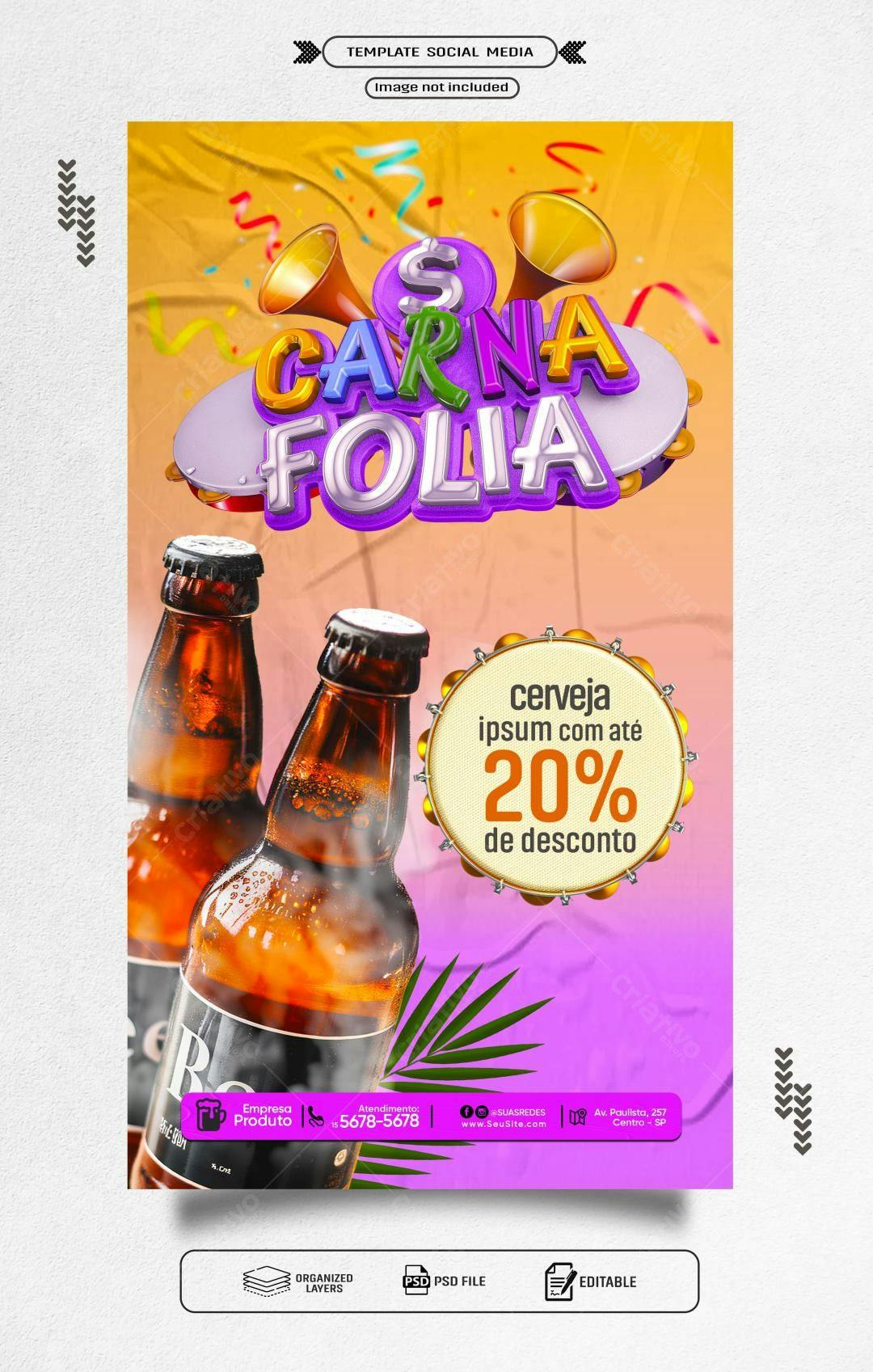 Flyer Carnaval com Promoção de Cerveja PSD Editável