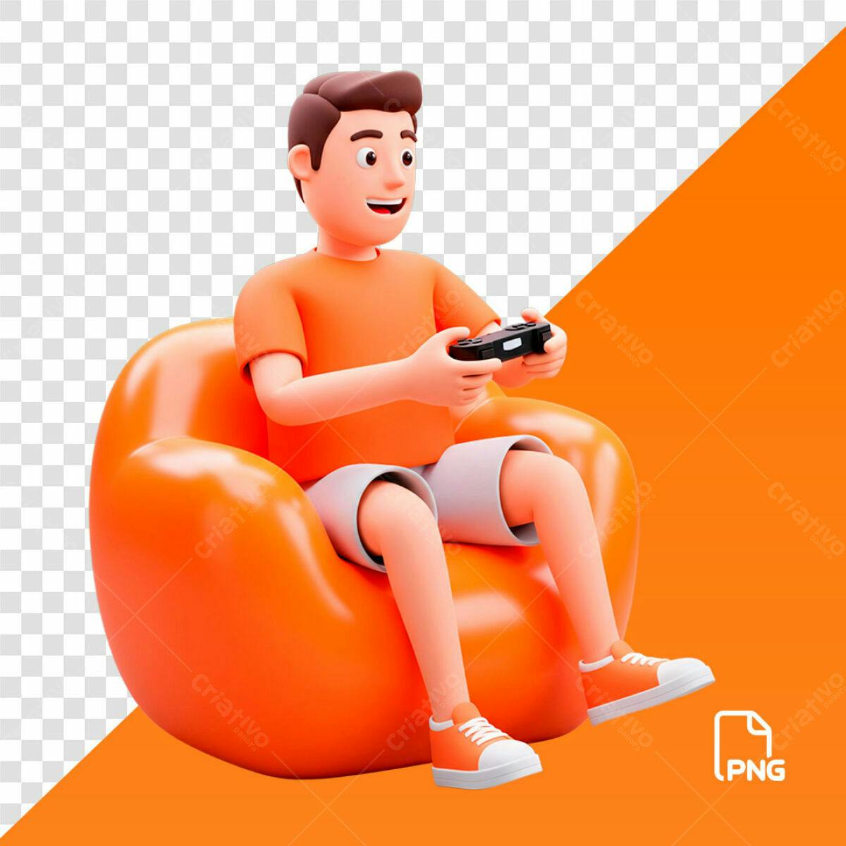PSD Personagem Gamer em Poltrona Laranja PSD Editável