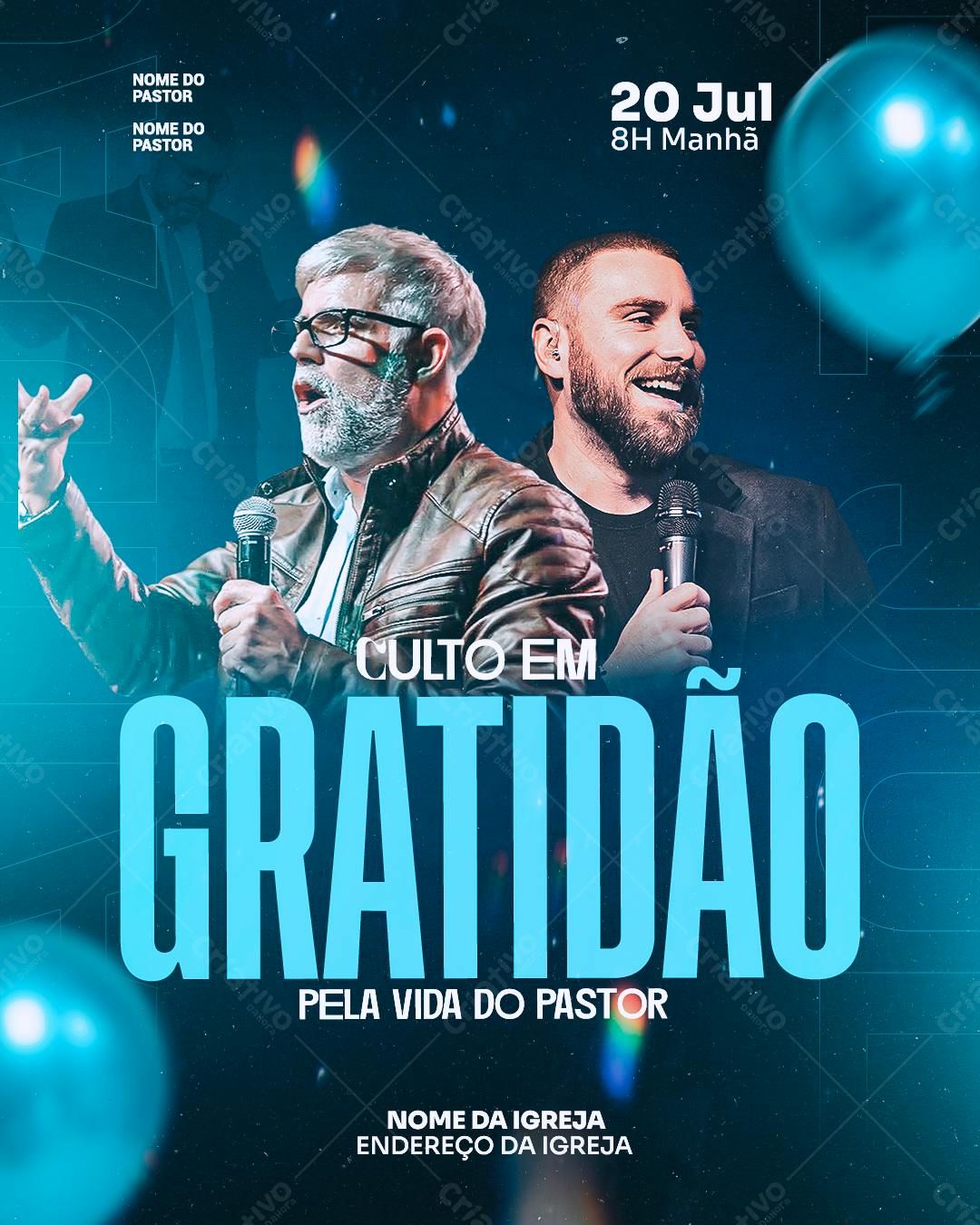 Flyer para Culto de Gratidão 20 Jul PSD Editável