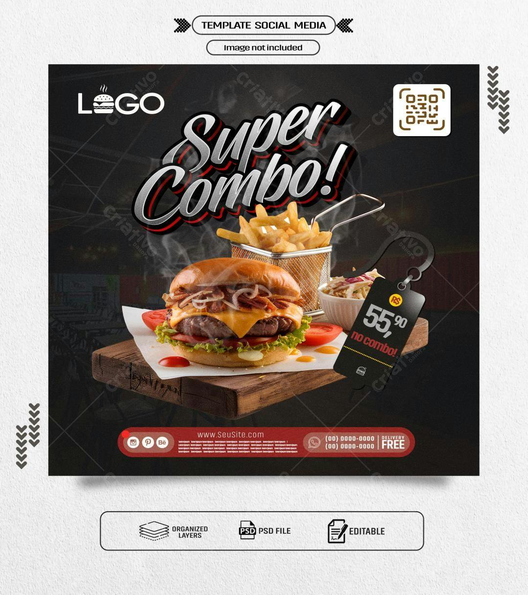 Flyer para Lançamento de Combo de Hambúrguer PSD Editável