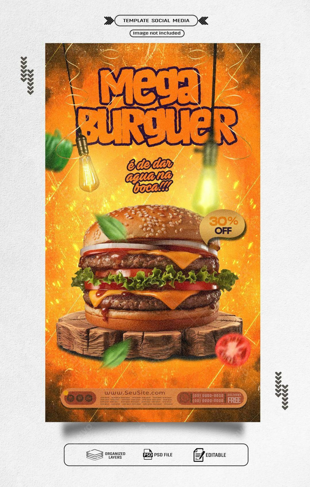 Flyer Promocional Mega Burger 30% OFF PSD Editável