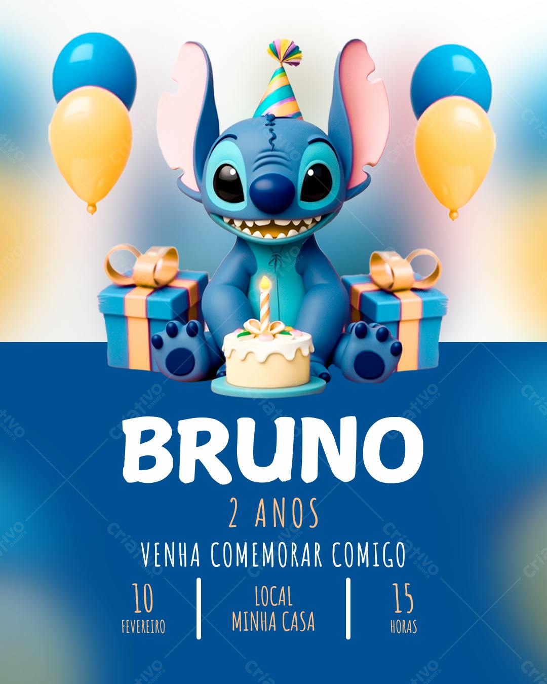 Convite de Aniversário Infantil Stitch 2 Anos Editável no Canva