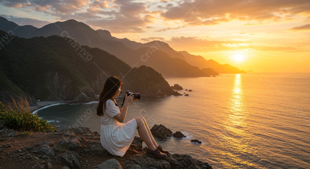 Fotógrafa em mirante ao pôr do sol