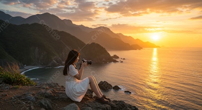 Fotógrafa em mirante ao pôr do sol