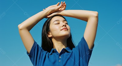 Mulher asiática sorrindo sob o sol azul