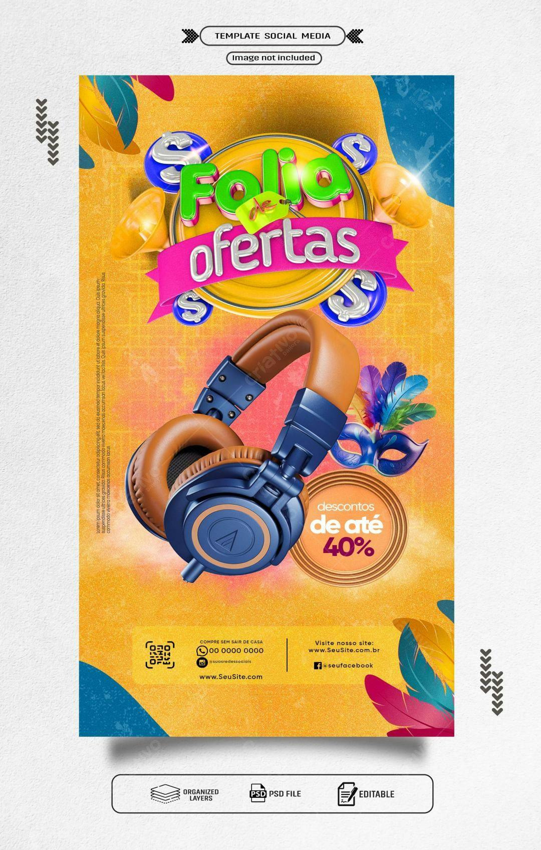 Flyer Carnaval com Descontos de até 40% PSD Editável