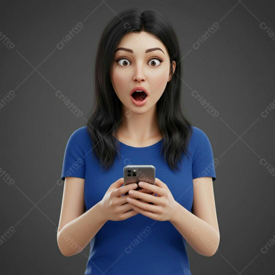 Mulher surpresa olhando celular azul
