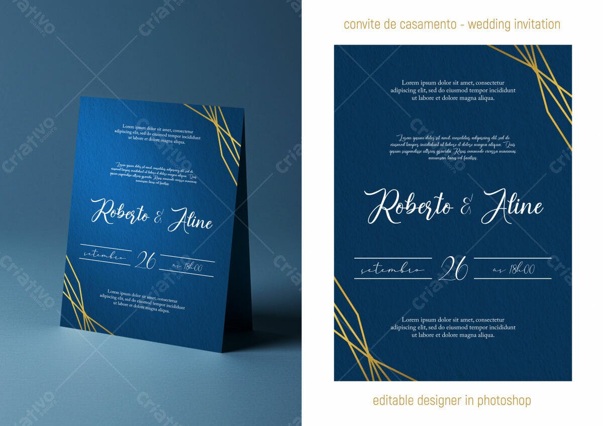 Convite de Casamento Azul e Dourado PSD Editável
