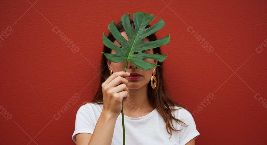 Mulher com folha de Monstera cobrindo o rosto