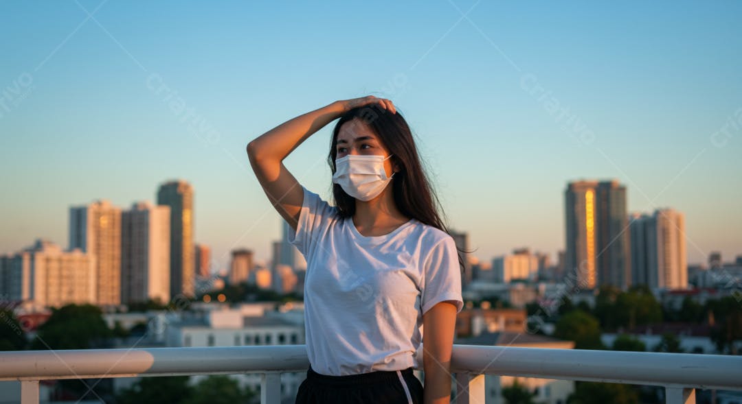 Mulher com máscara em varanda cidade ao entardecer