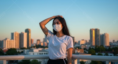 Mulher com máscara em varanda cidade ao entardecer