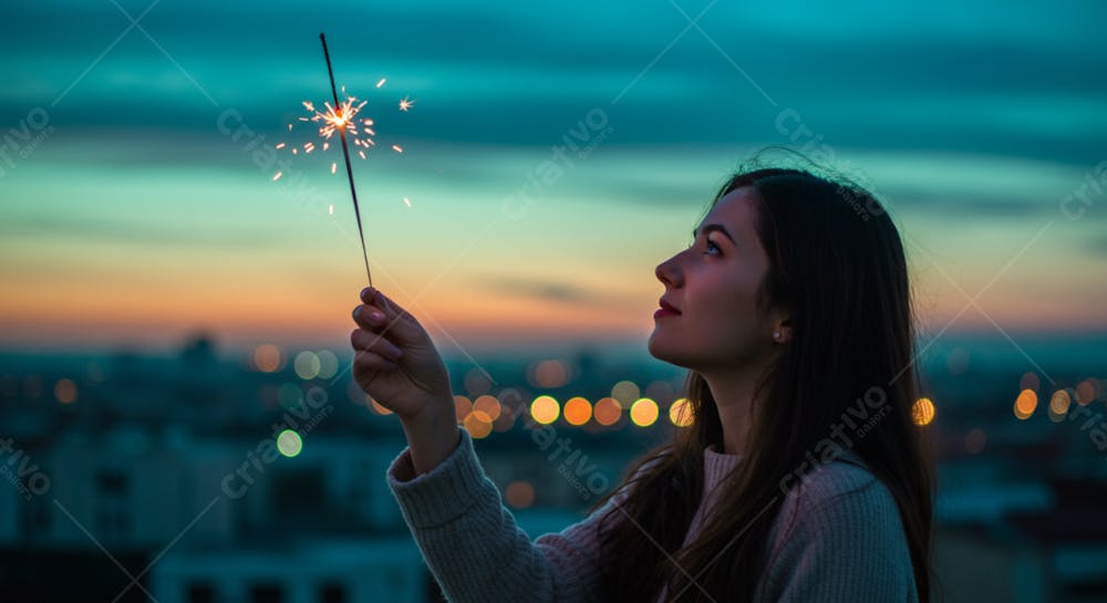 Mulher Com Vela De Aniversário Cidade De Fundo