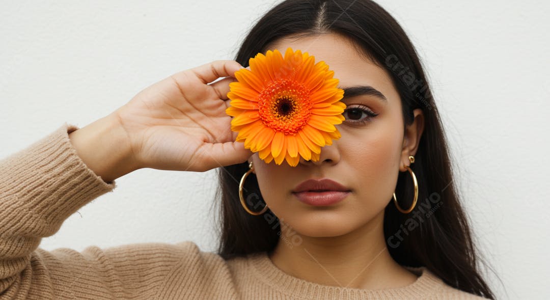Mulher com gerbera laranja cobrindo o olho