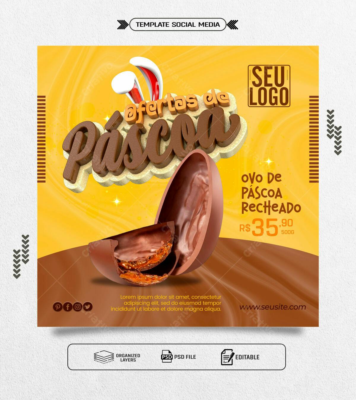 Flyer Páscoa com Ovo de Chocolate PSD Editável