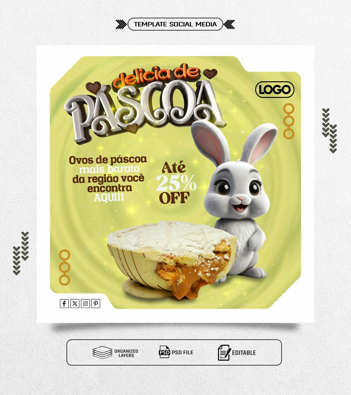 Flyer Páscoa com Coelho e Ovos PSD Editável