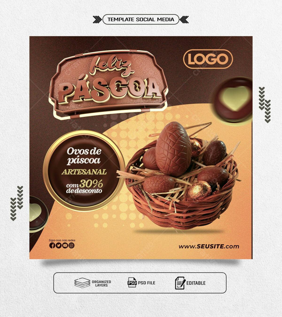 Flyer Páscoa com Ovos de Chocolate Artesanal PSD Editável