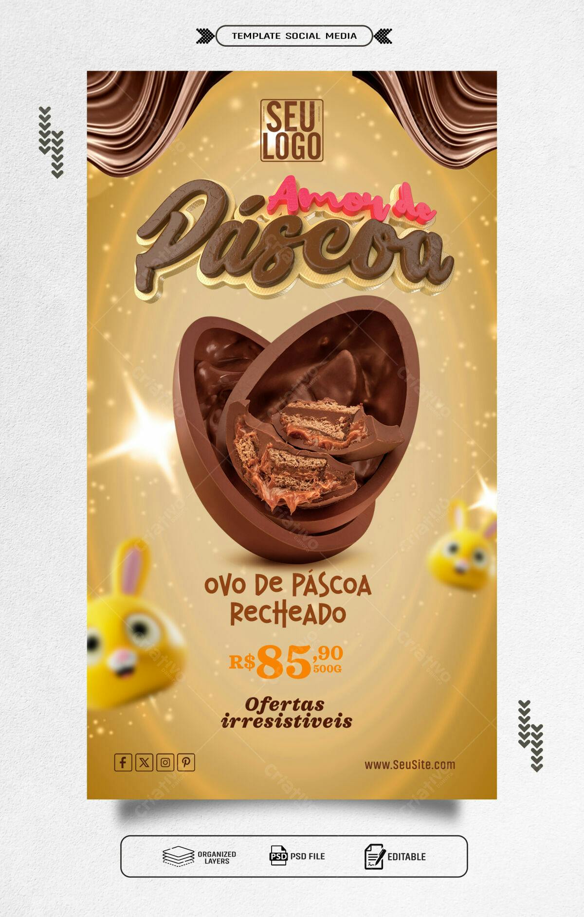 Flyer Páscoa Ovo de Chocolate Recheado PSD Editável