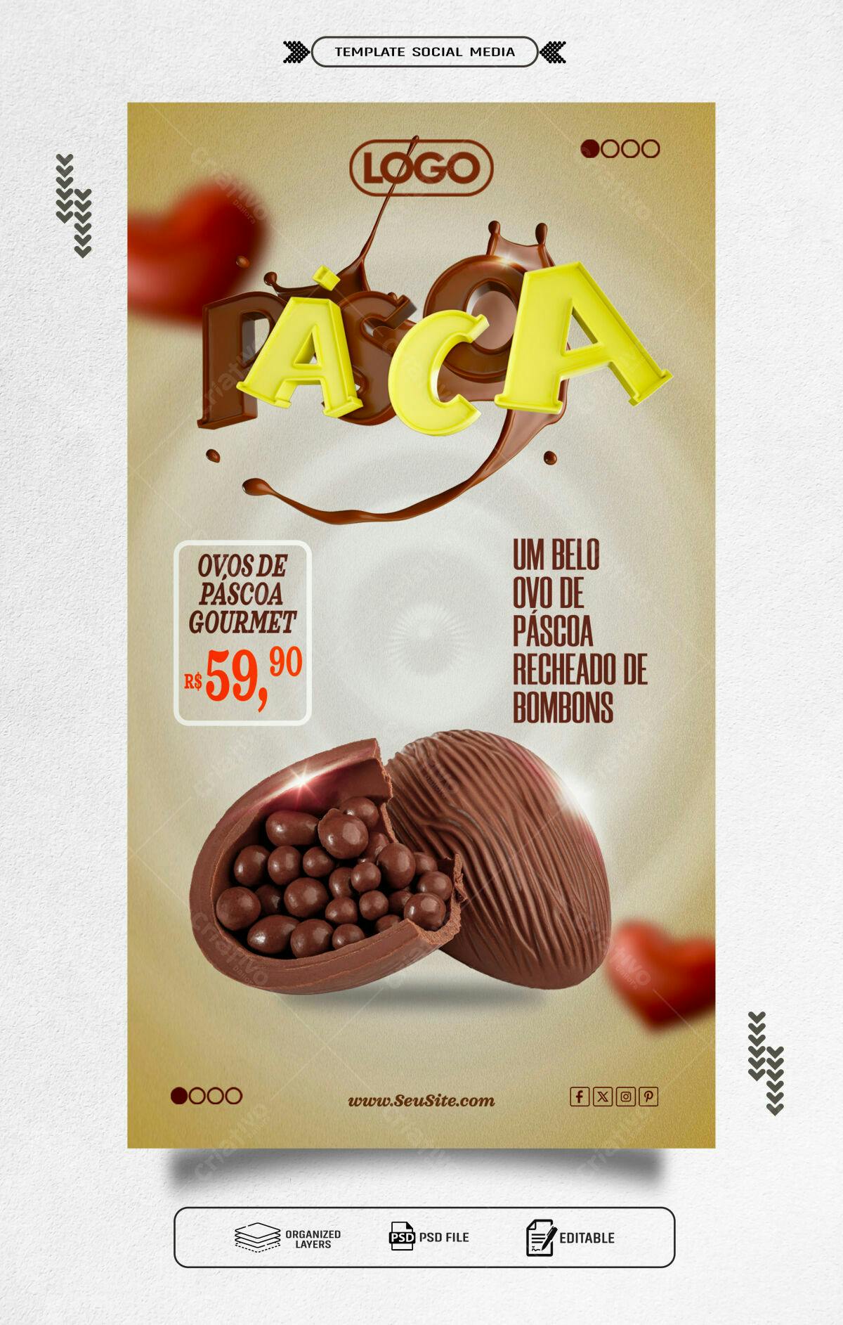 Flyer Páscoa com Ovos de Chocolate PSD Editável