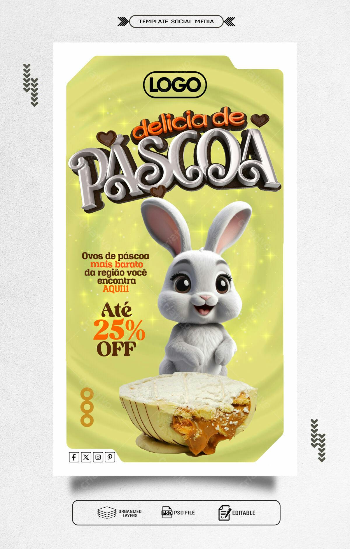 Flyer Páscoa com Coelho e Ovos PSD Editável