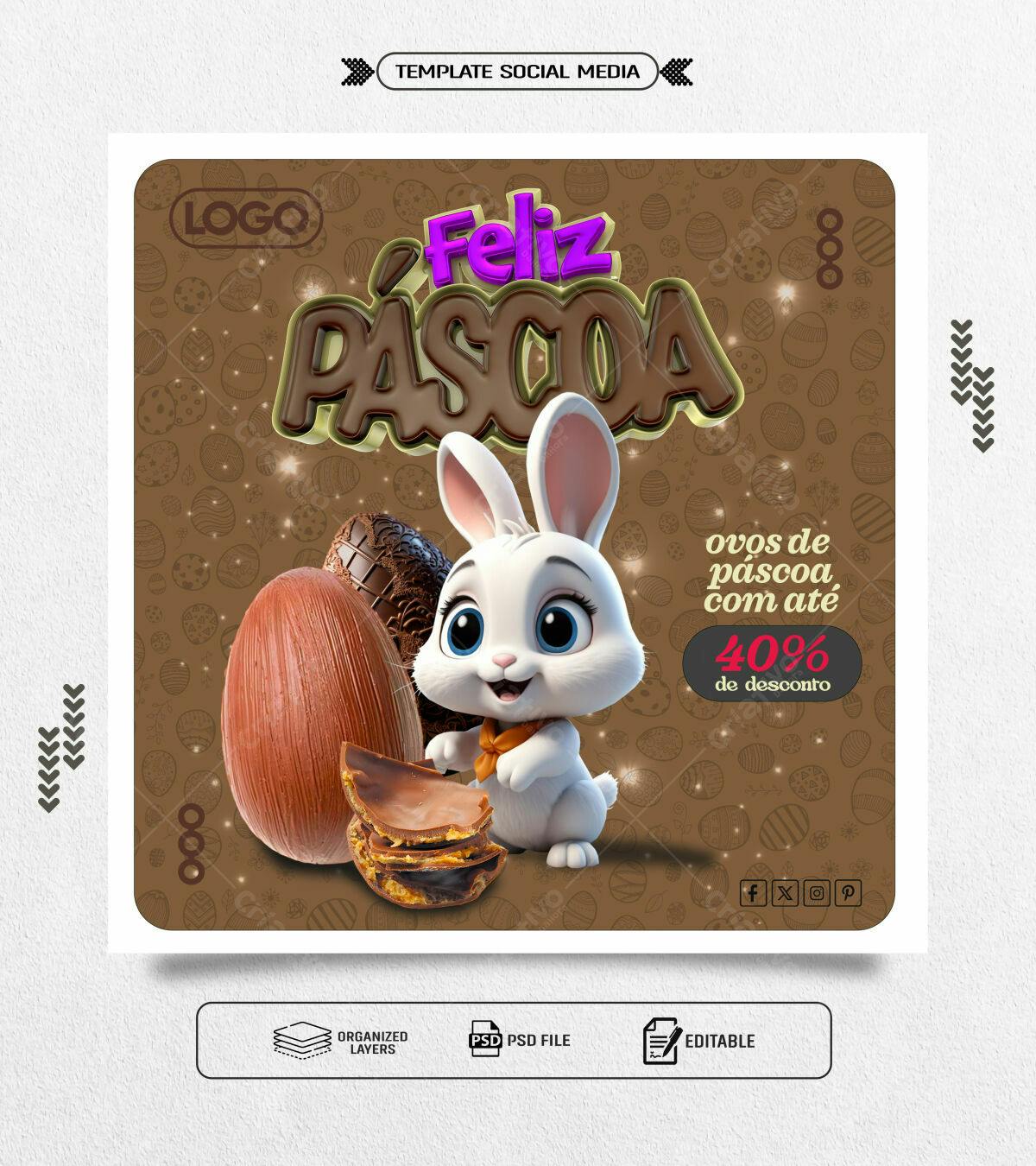 Flyer Páscoa com Coelho e Ovos de Chocolate PSD Editável