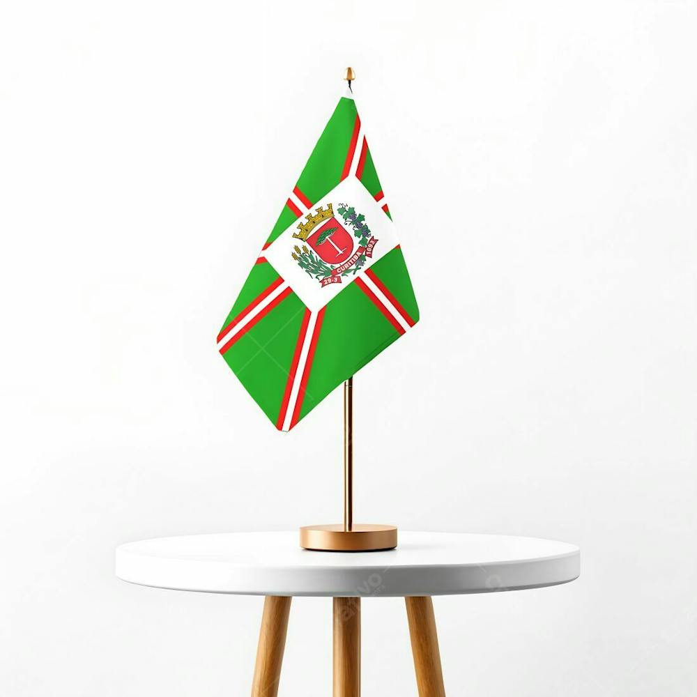 Mini Bandeira Da Cidade De Curitiba Hasteada Em Cima De Uma Mesa