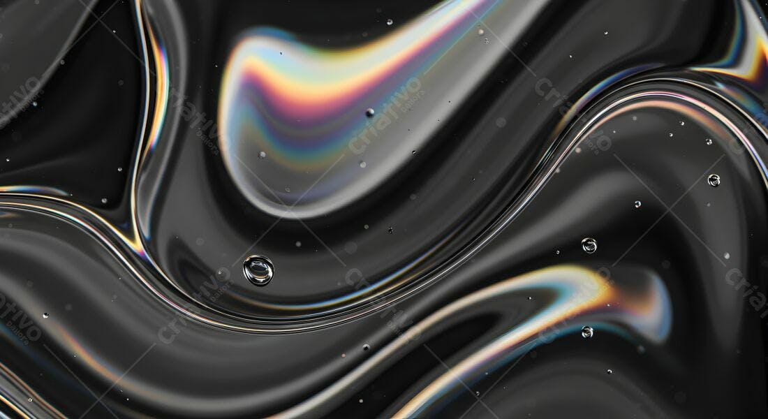 Fluido iridescente com bolhas em fundo escuro