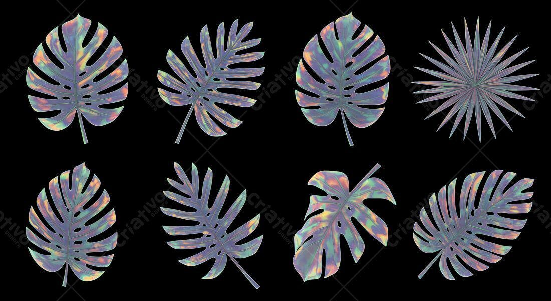 Folhas tropicais iridescentes fundo preto