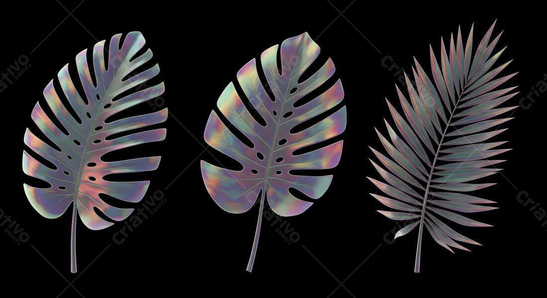 Folhas tropicais iridescentes fundo preto