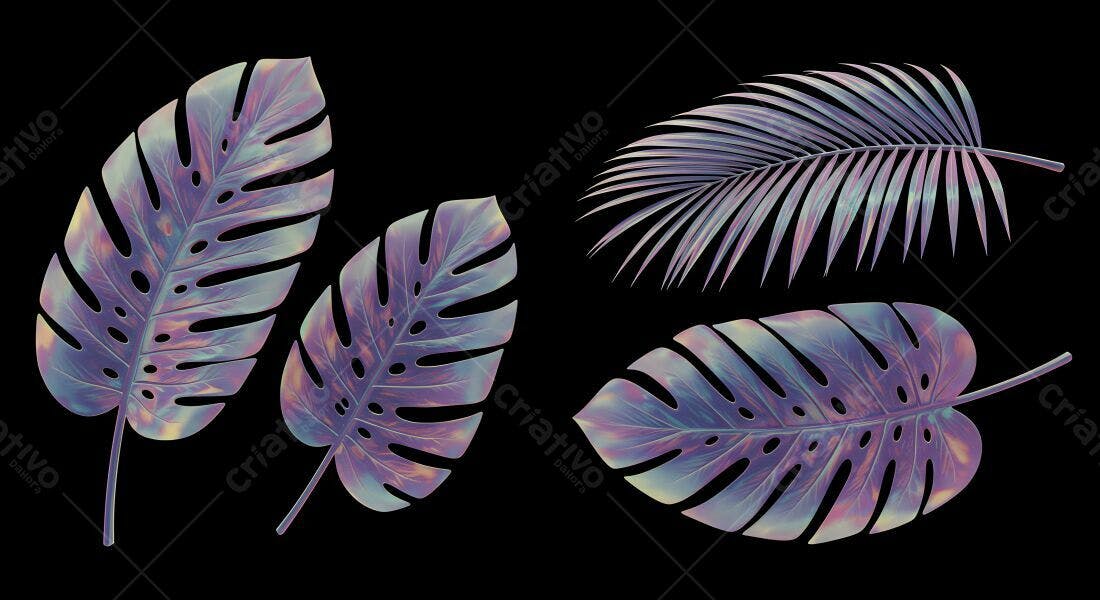 Folhas tropicais iridescentes fundo preto