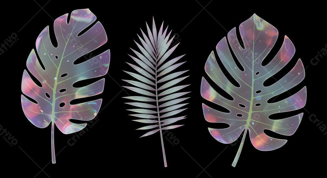 Folhas tropicais iridescentes fundo preto