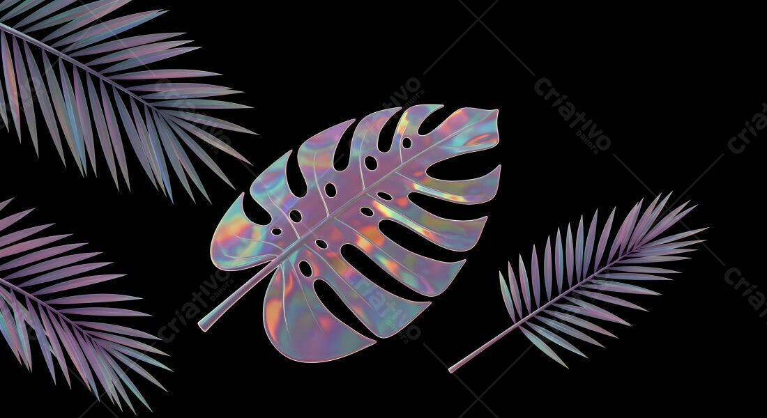 Folhas tropicais iridescentes fundo preto