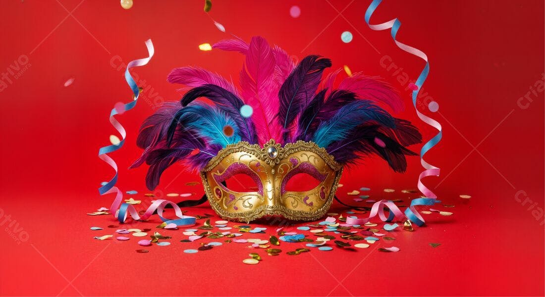 Máscara de Carnaval com penas coloridas