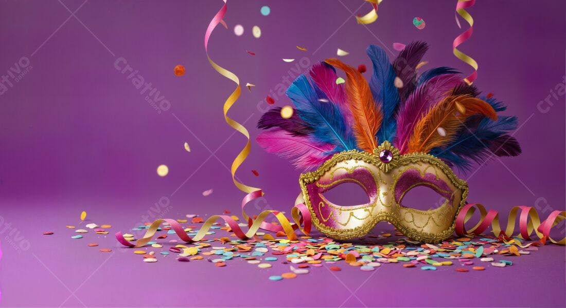 Máscara de Carnaval com penas coloridas