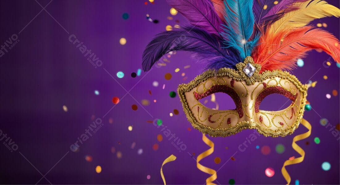 Máscara de Carnaval Dourada com Penas Coloridas