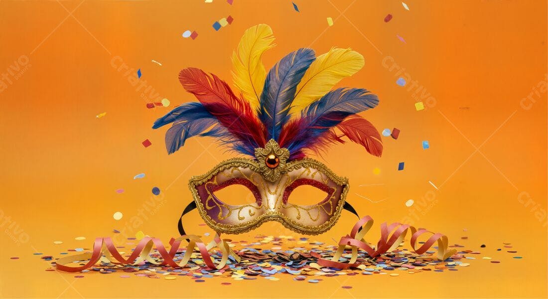 Máscara de Carnaval com penas coloridas e confete