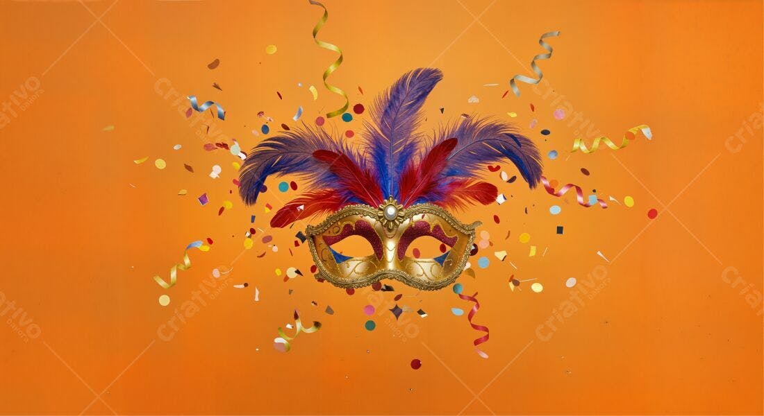 Máscara de Carnaval com penas e confete